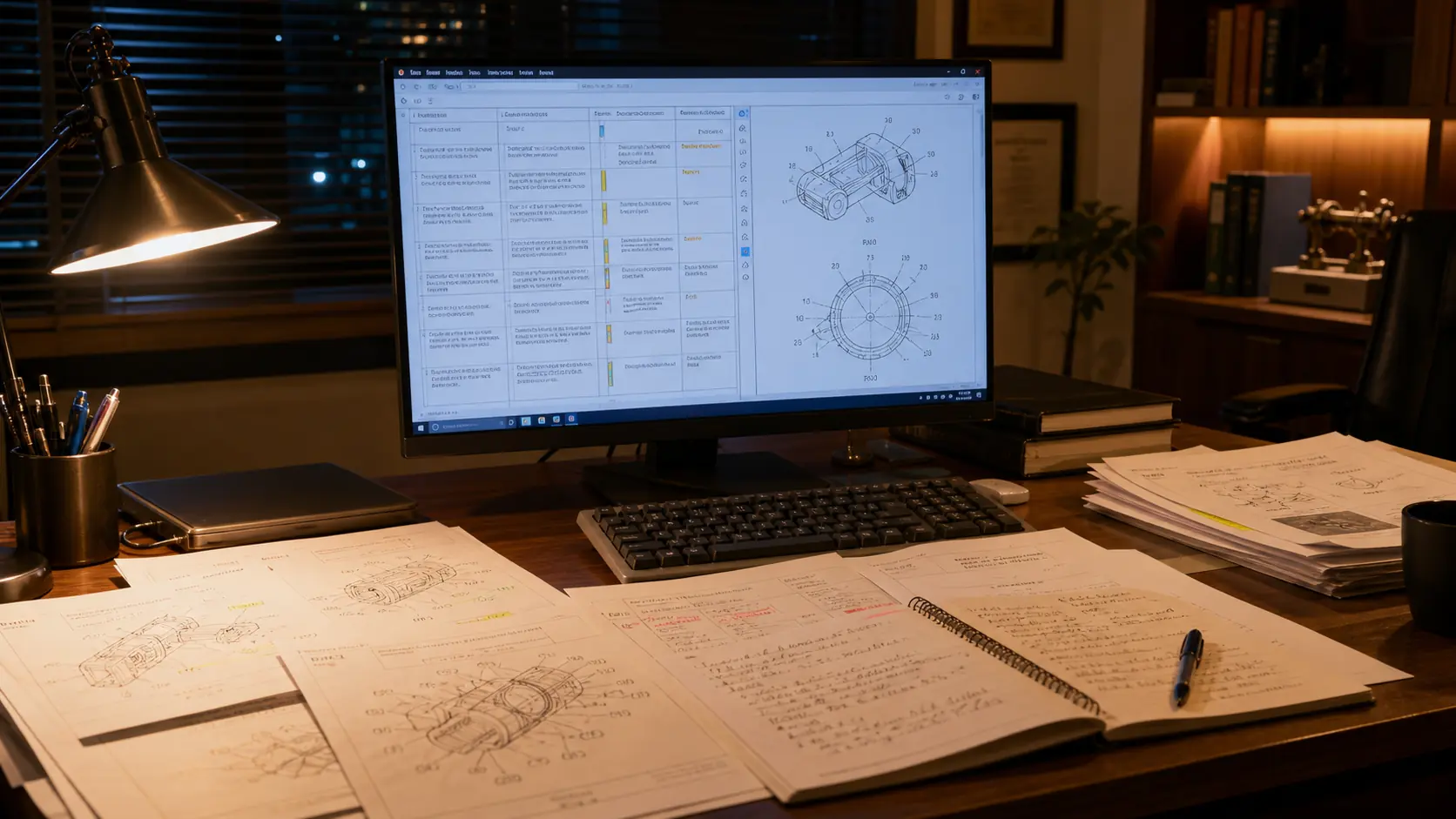 A desk with patent drawings, notes and a monitor under lamplight