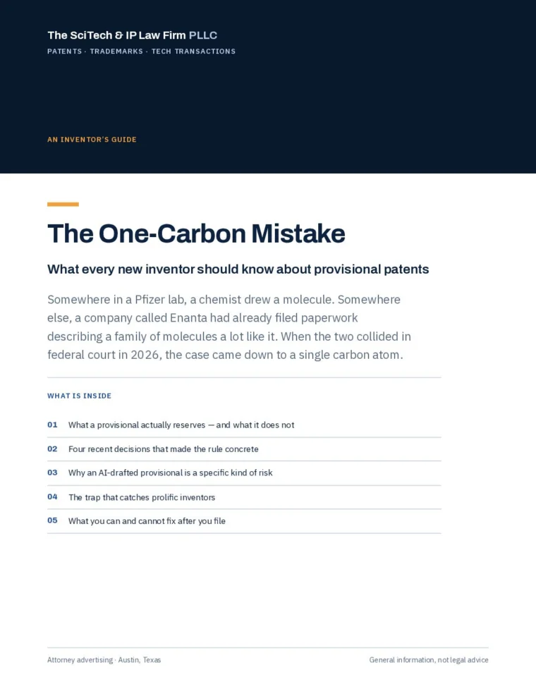 Cover of the free guide, The One-Carbon Mistake, from The SciTech and IP Law Firm PLLC