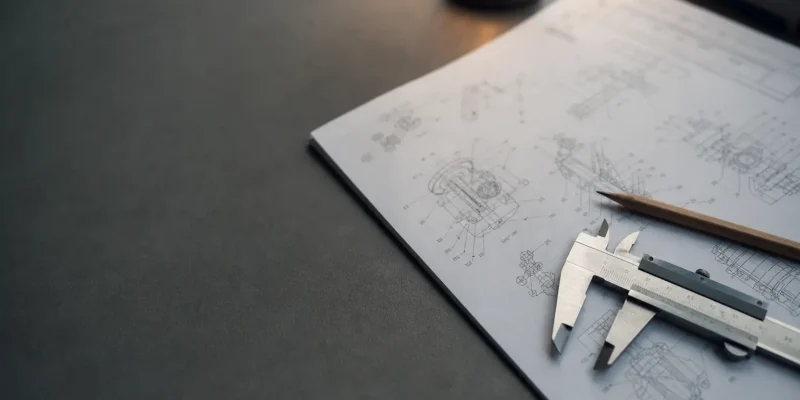 A patent drawing sheet on a desk with a pencil and caliper