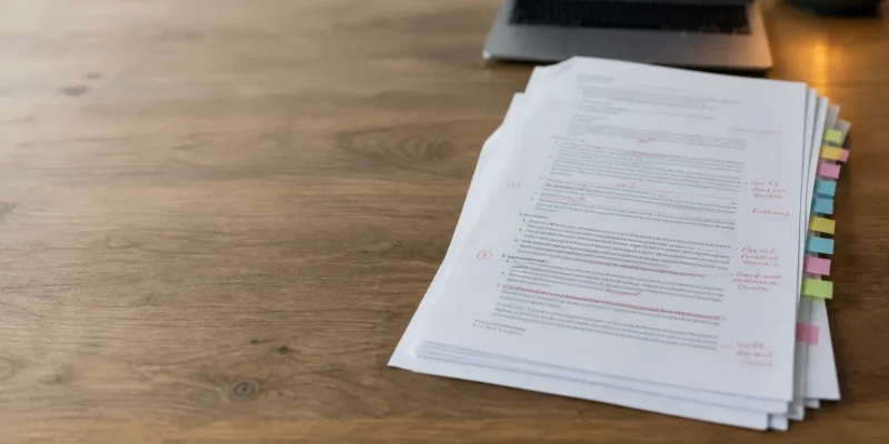 A printed agreement marked up in red pen with sticky tabs