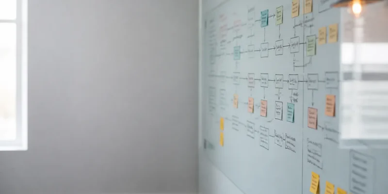 A hand drawn timeline on a glass whiteboard