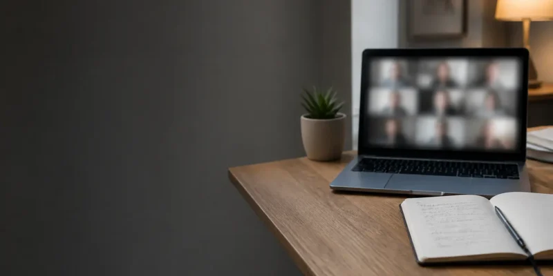 A laptop showing a video call beside a notebook