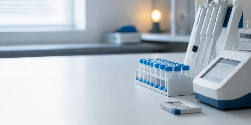 A laboratory bench with sample tubes and a pipette