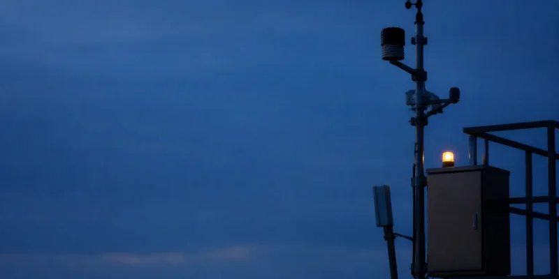 An unmarked sensor mast and equipment enclosure at dusk