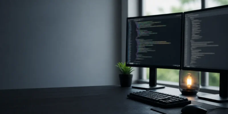 Two monitors showing code and a configuration file