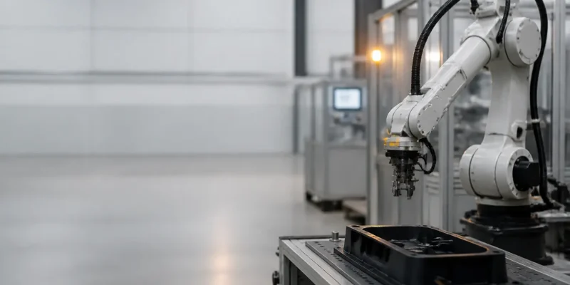 An industrial robotic arm beside a moulded component
