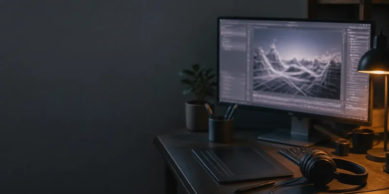 A monitor showing a 3D scene editor with wireframe geometry