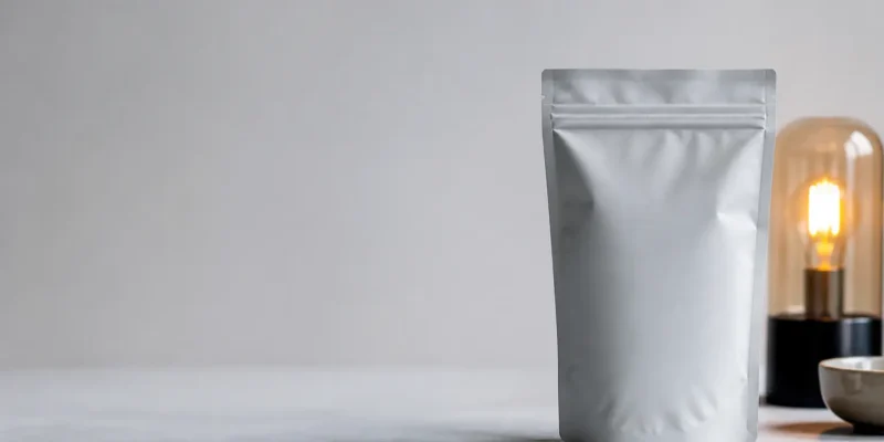 An unbranded product pouch on a bright neutral backdrop