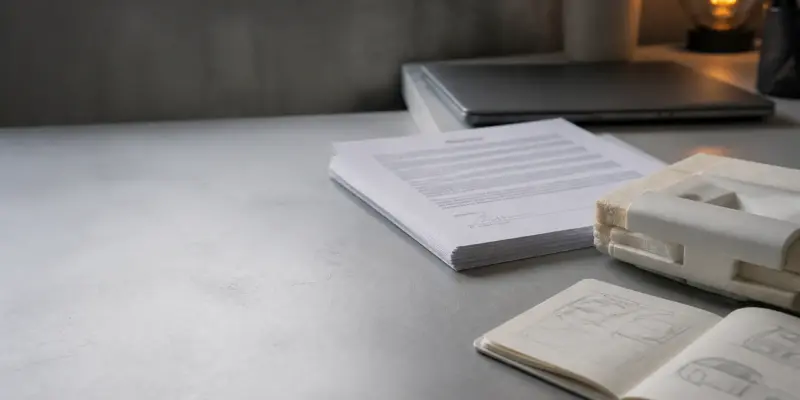 A signed multi-page agreement on a desk beside a foam product prototype and an open sketchbook