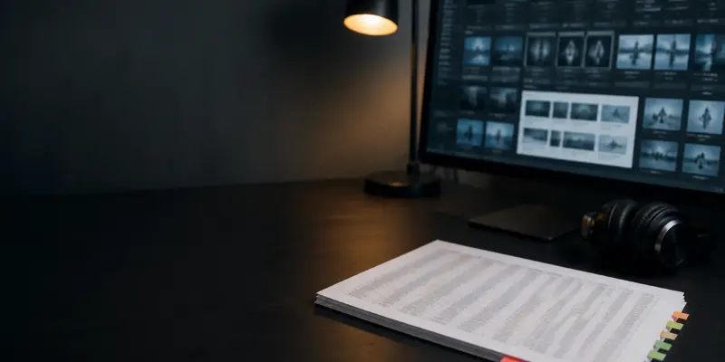 A tabbed asset schedule on a desk in front of a monitor showing a grid of thumbnails