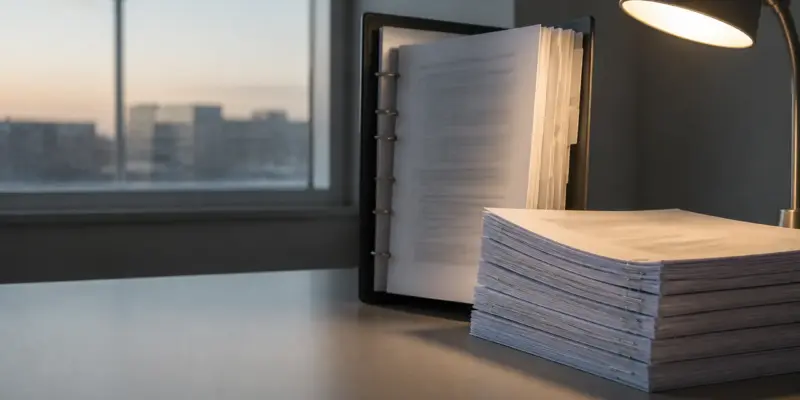 An open tabbed binder and a stack of stapled submission packets under a desk lamp