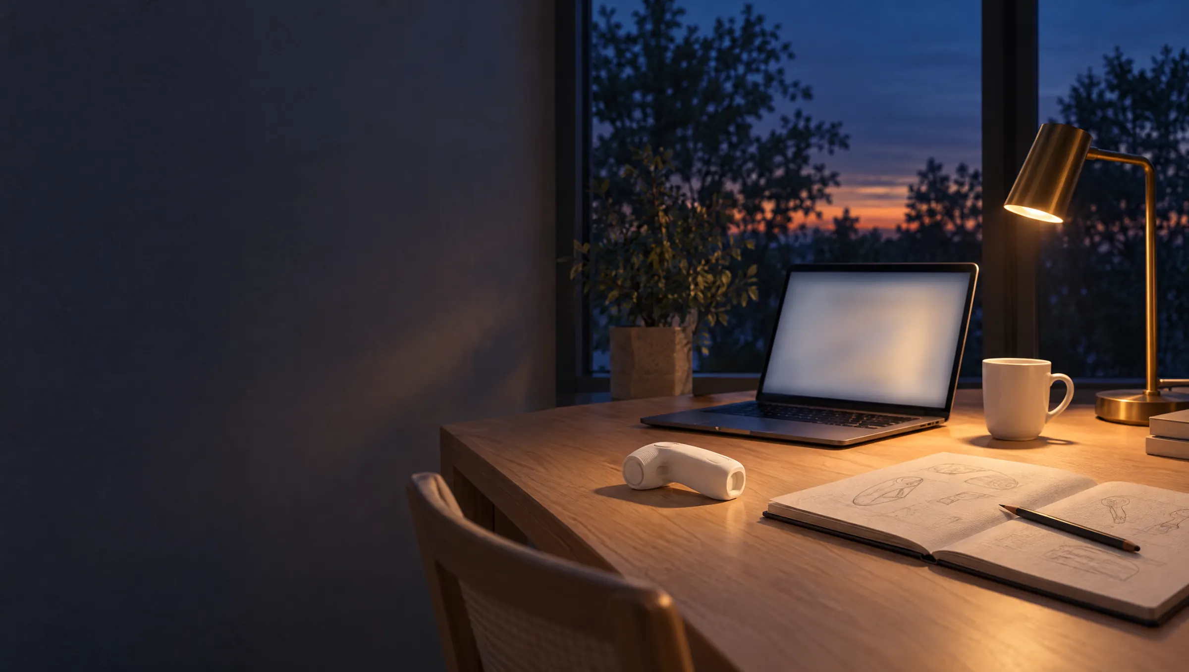 A home office desk at dusk with a glowing laptop, a white prototype and a sketch notebook under a brass lamp, a navy evening sky in the window