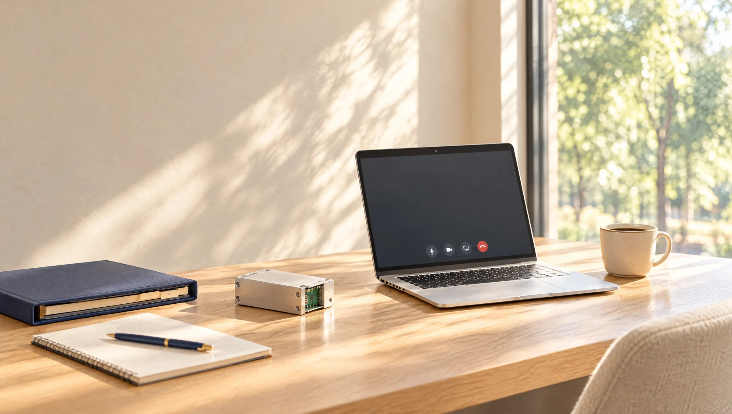 A sunlit desk ready for a video call, with a laptop, a small unmarked aluminum sensor module, a closed navy binder with tabs, a notebook and a cup of coffee
