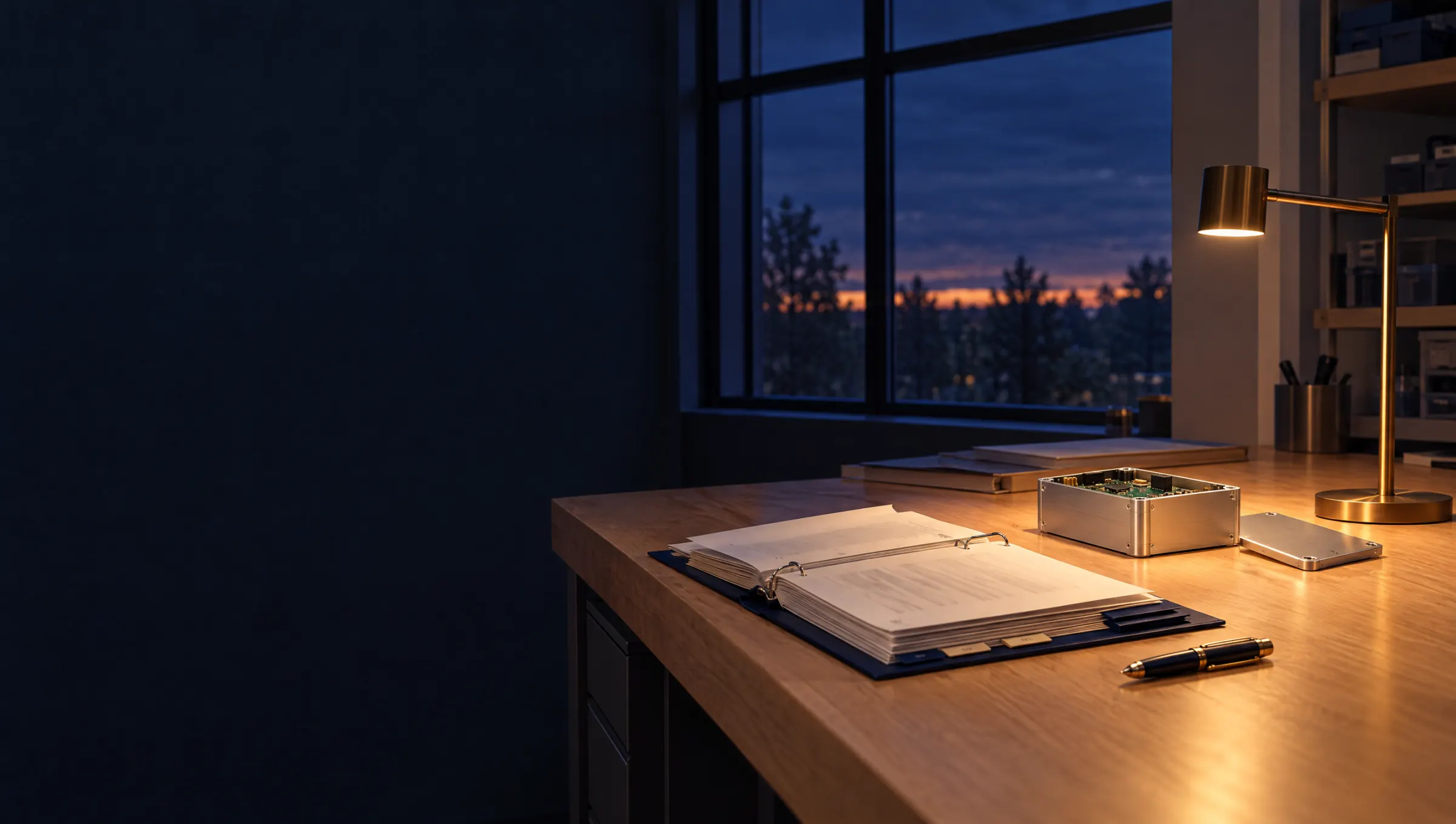 A hardware lab bench at dusk with an open aluminum electronics enclosure beside a thick open agreement binder with navy and cream tabs under a brass lamp