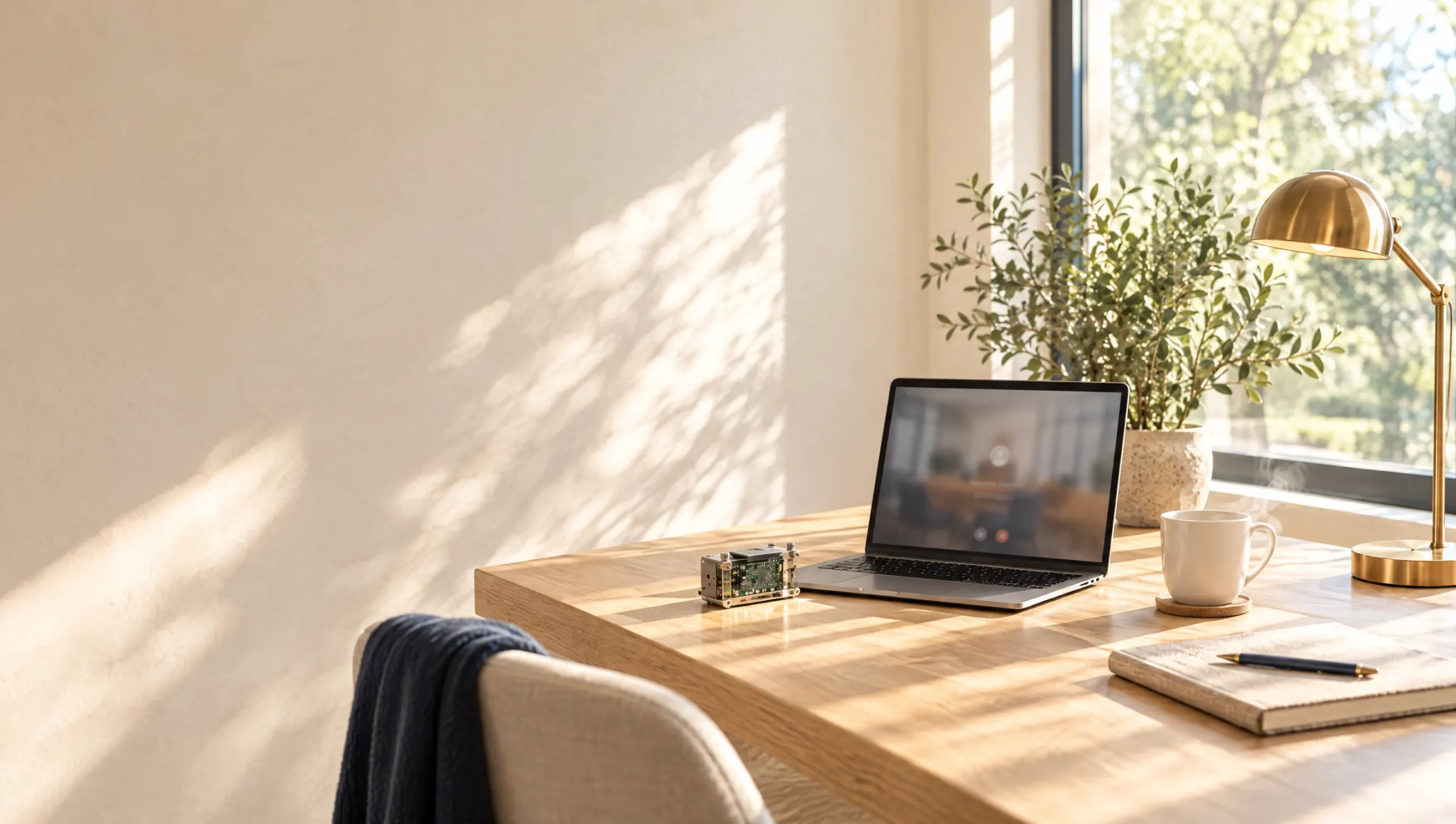 A laptop on a sunlit desk ready for a video call, with a small prototype and a cup of coffee