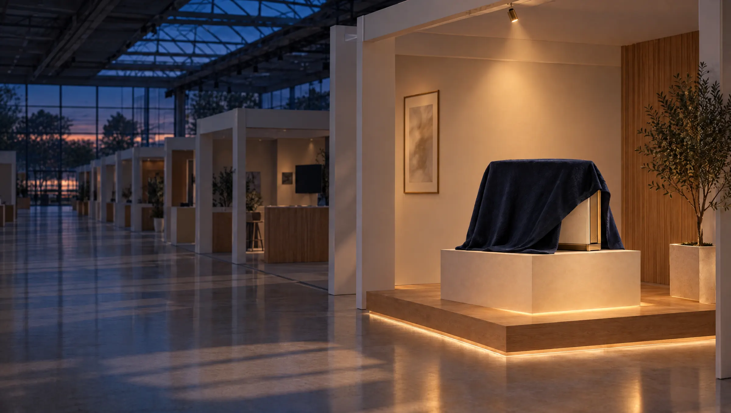 A product prototype under a navy cloth on a lit booth stage in an empty exhibition hall at dusk