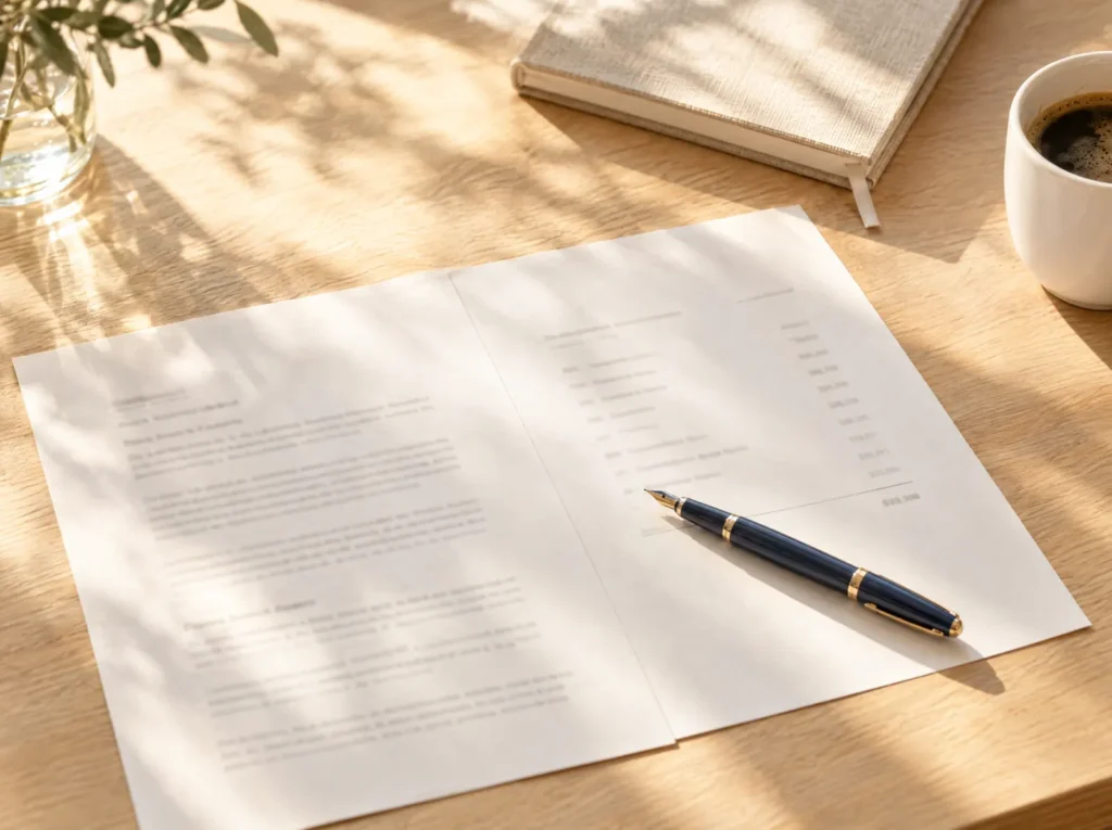 A printed scope letter and a fountain pen on a light oak desk in morning sun