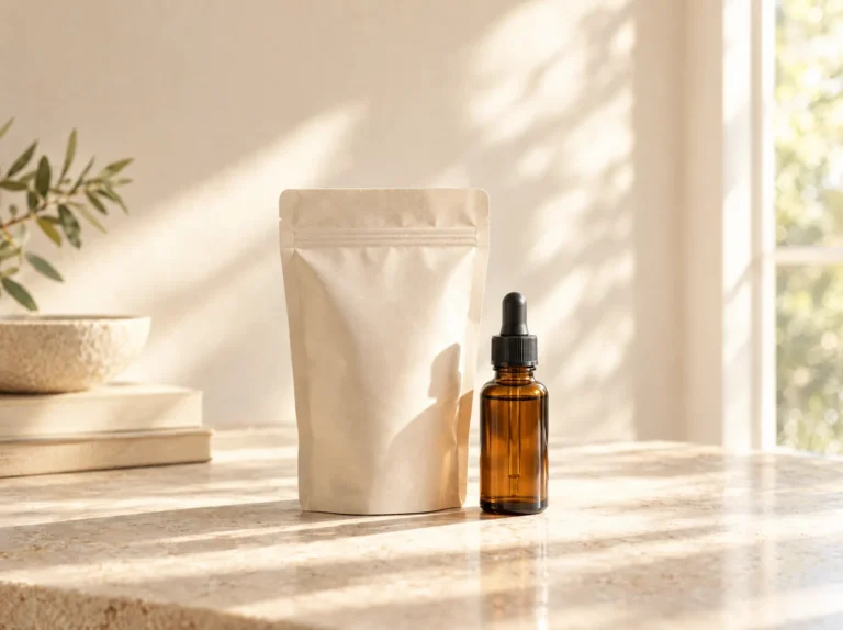 An unbranded cream pouch and an amber glass bottle on a pale stone surface