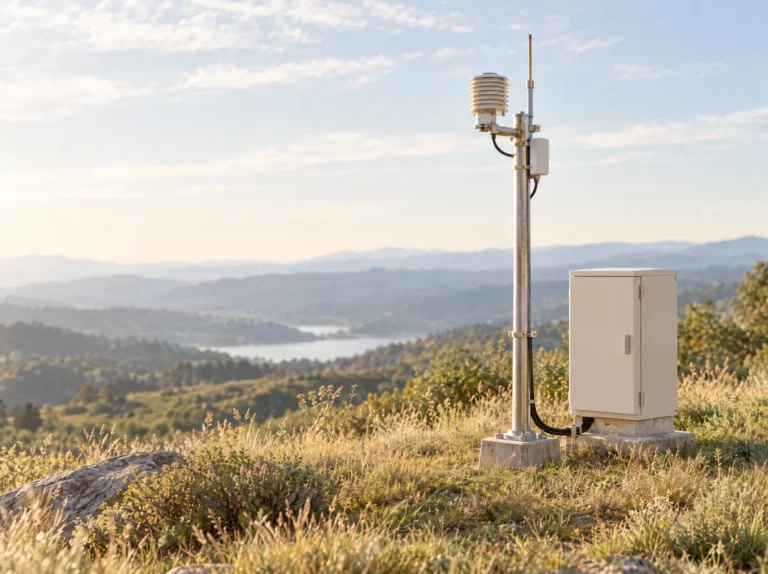 An unmarked sensor mast and equipment enclosure on a grassy ridge in morning light