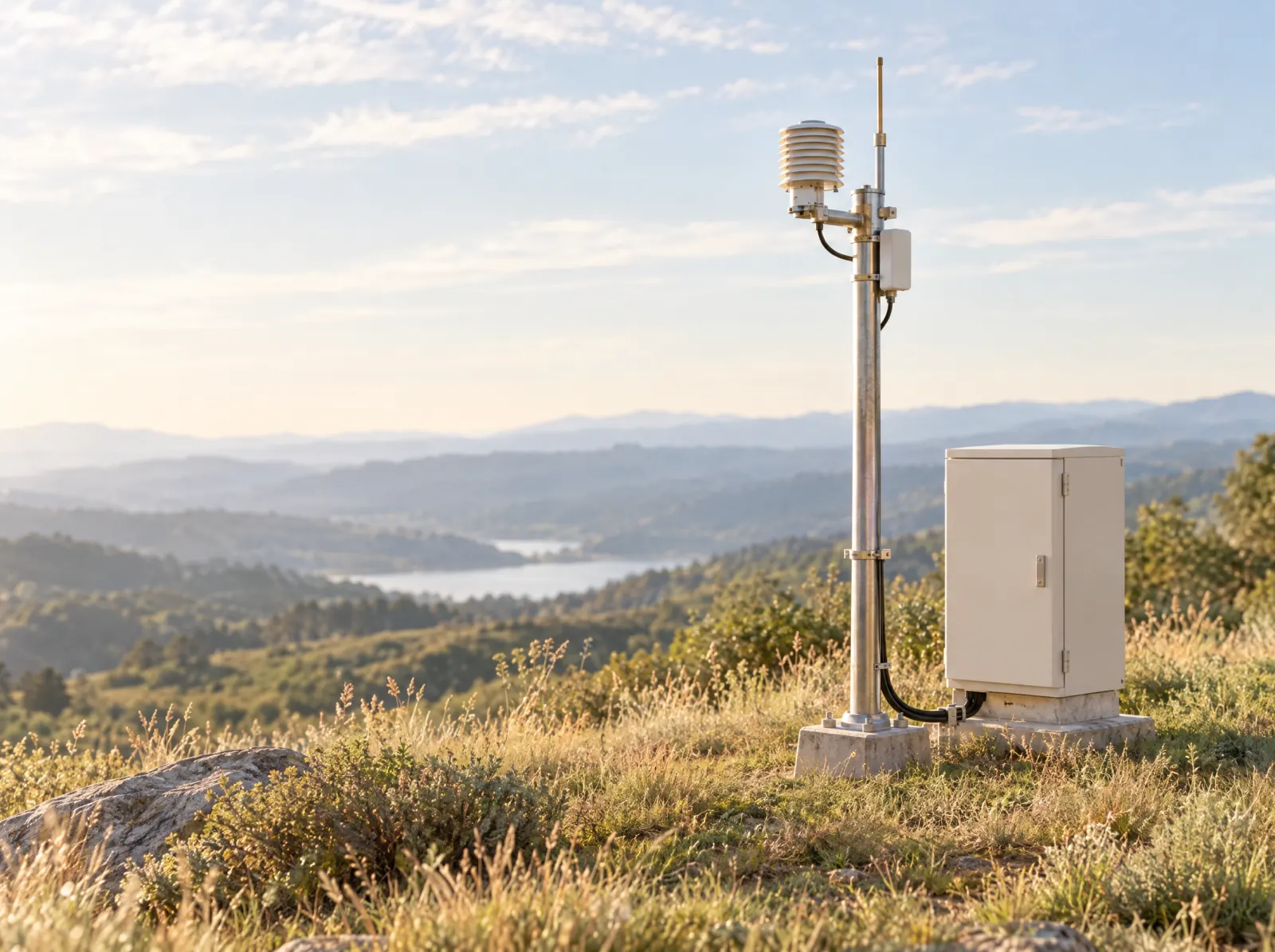 An unmarked sensor mast and equipment enclosure on a grassy ridge in morning light