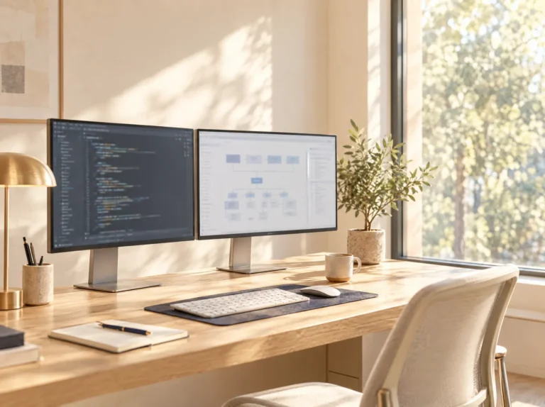 Two monitors showing code and a system diagram on a light oak desk