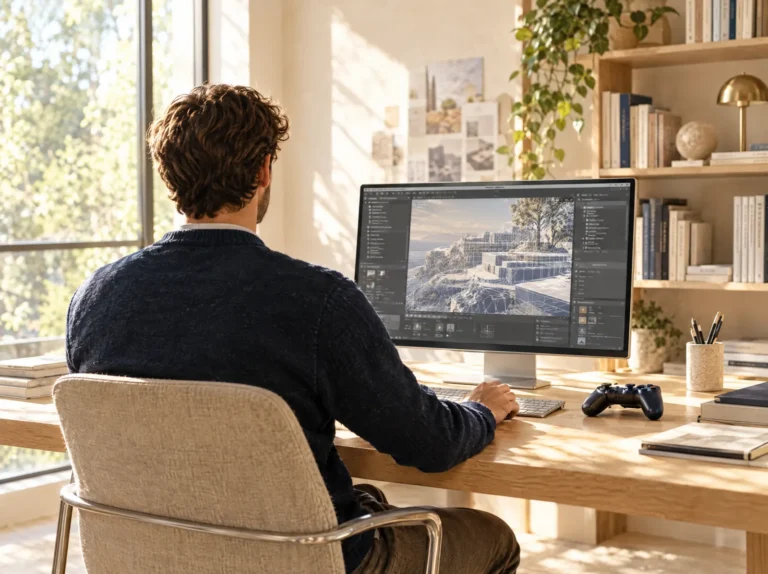 A developer seen from behind working in a 3D scene editor, a game controller on the desk
