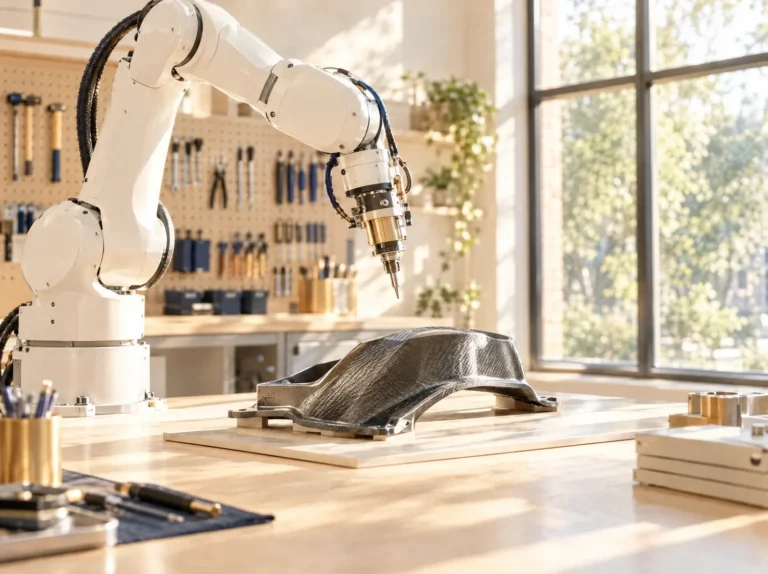 A white robotic arm over a molded composite part in a bright workshop