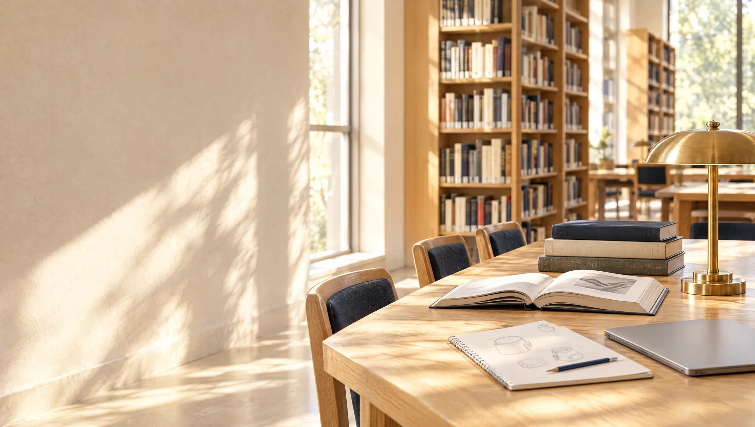 A sunlit public reading room with an open reference book, a notebook of pencil sketches of a small gadget and a closed laptop on a long oak table, bookshelves behind