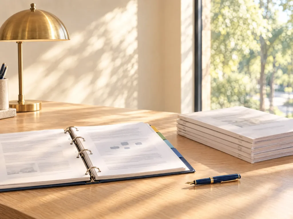 An open tabbed binder and a stack of bound proposal packets on a sunlit oak desk beside a brass lamp and a fountain pen