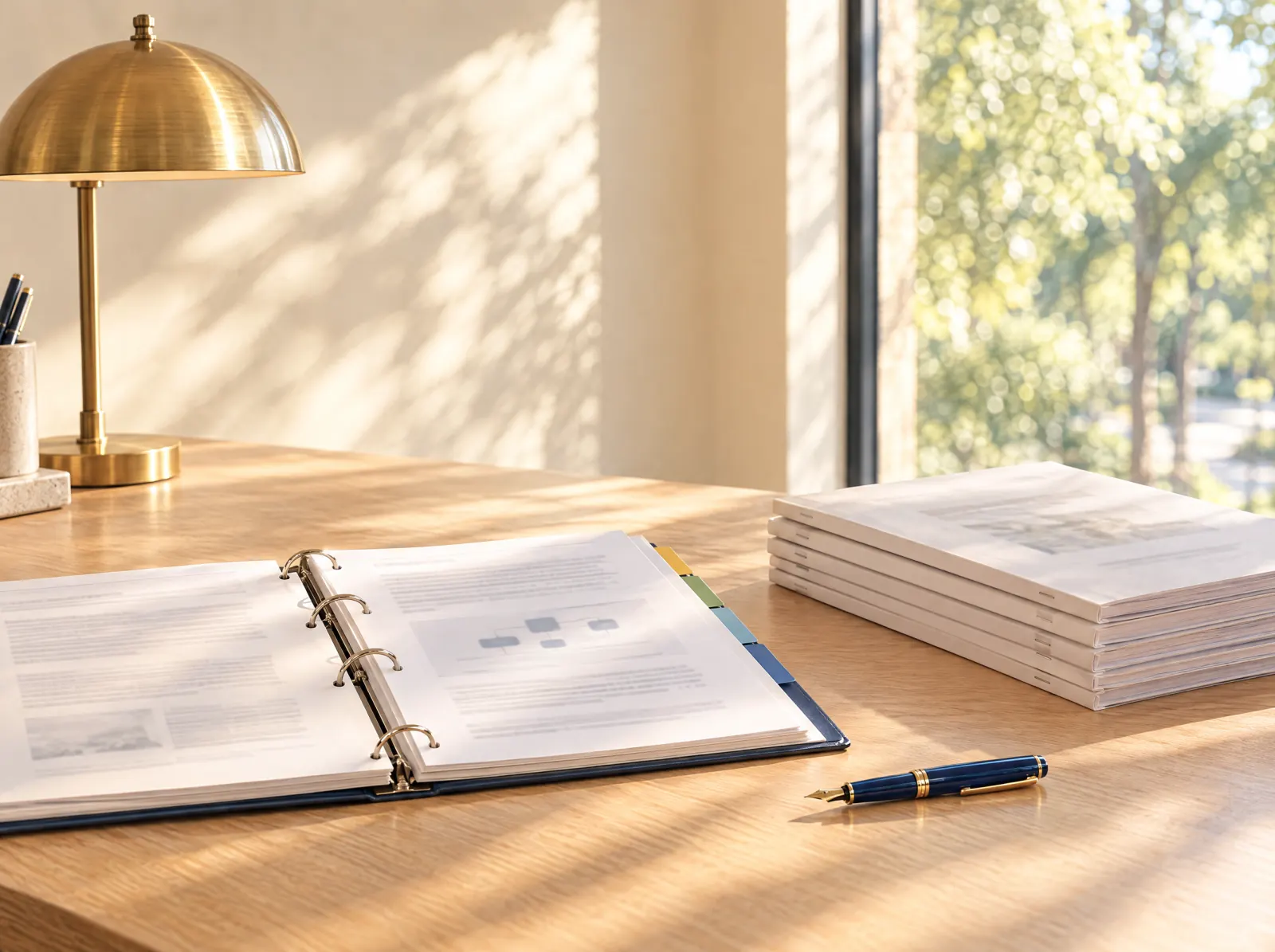An open tabbed binder and a stack of bound proposal packets on a sunlit oak desk beside a brass lamp and a fountain pen