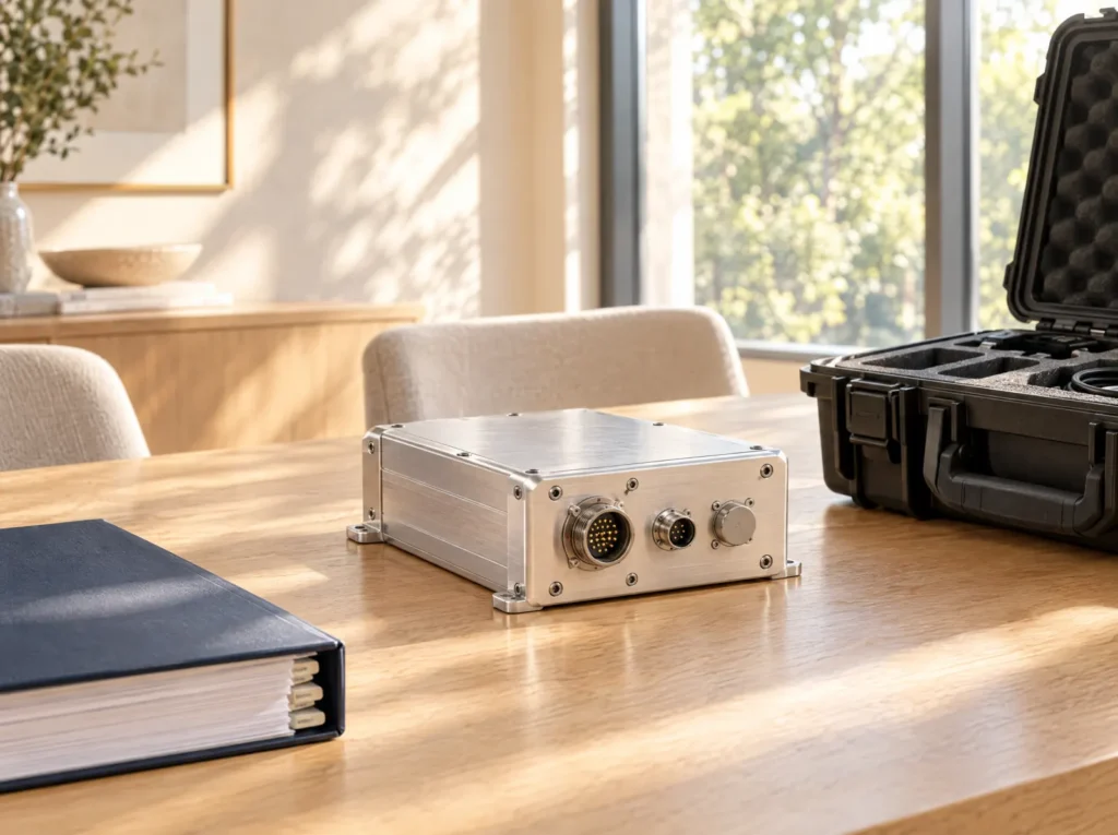 An unmarked machined aluminum electronics enclosure beside a thick tabbed agreement binder and an open hard-shell equipment case