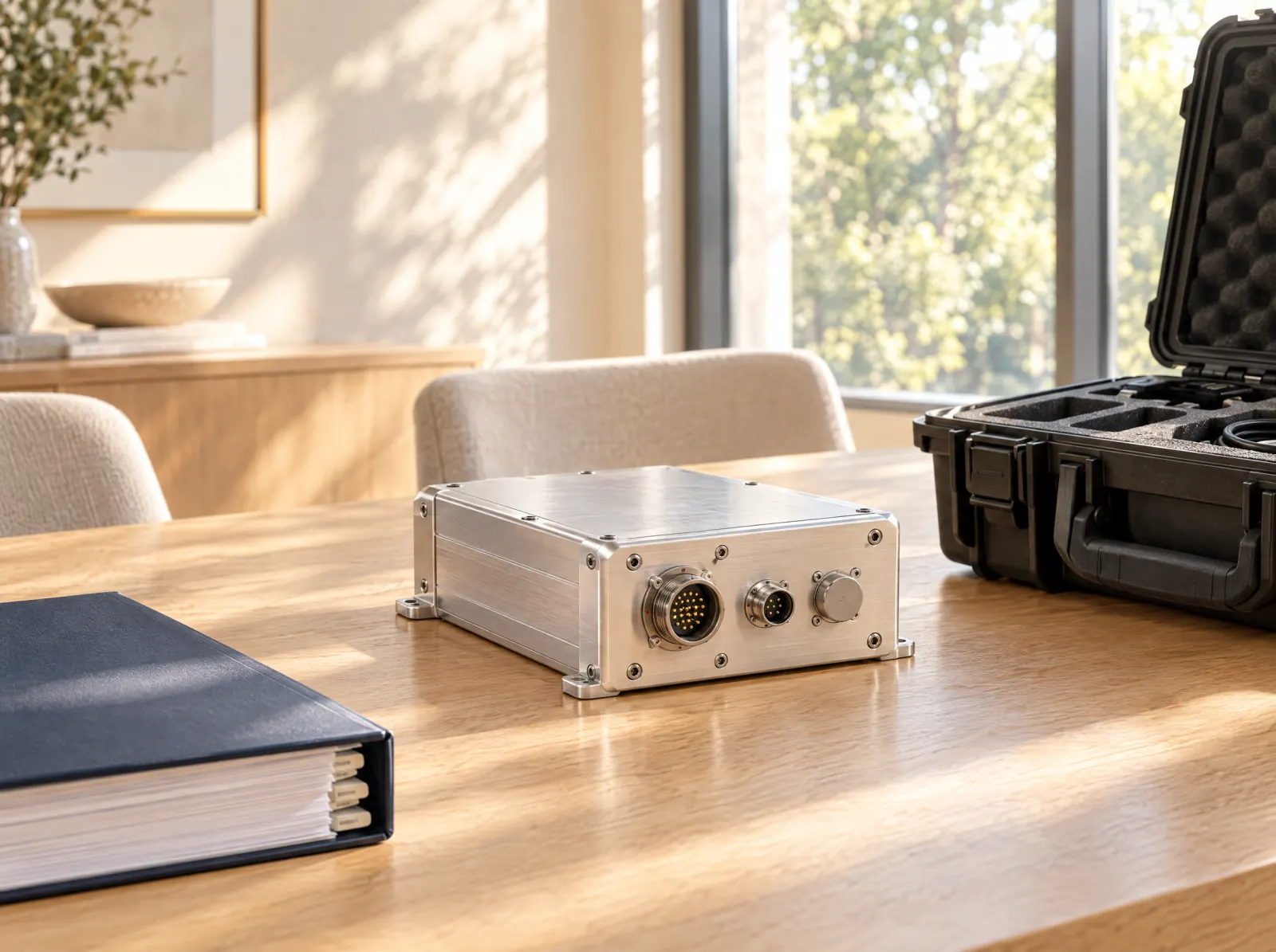 An unmarked machined aluminum electronics enclosure beside a thick tabbed agreement binder and an open hard-shell equipment case
