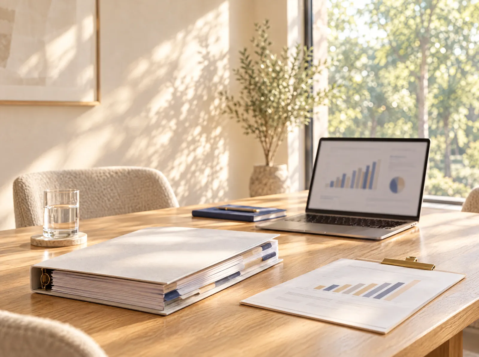 A thick tabbed binder, a laptop with a blurred bar chart and a clipped printed chart on a bright review table