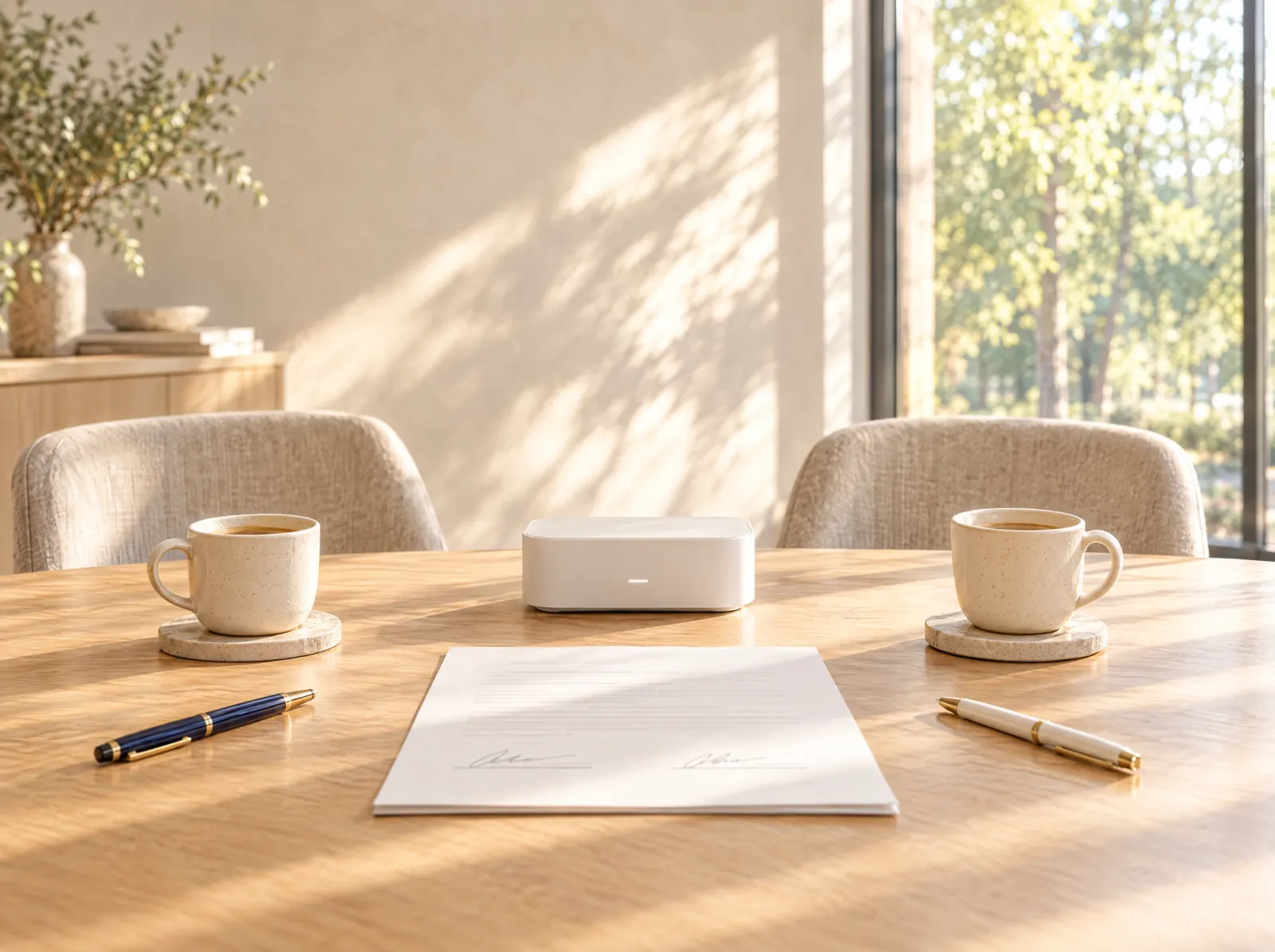 Two coffee cups and two pens on either side of a short signed agreement, with a white prototype device between them on an oak table