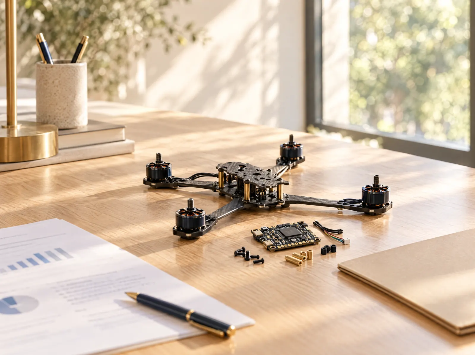 An unassembled quadcopter frame and circuit board on a bright workbench next to a printed proposal with a chart and a plain folder