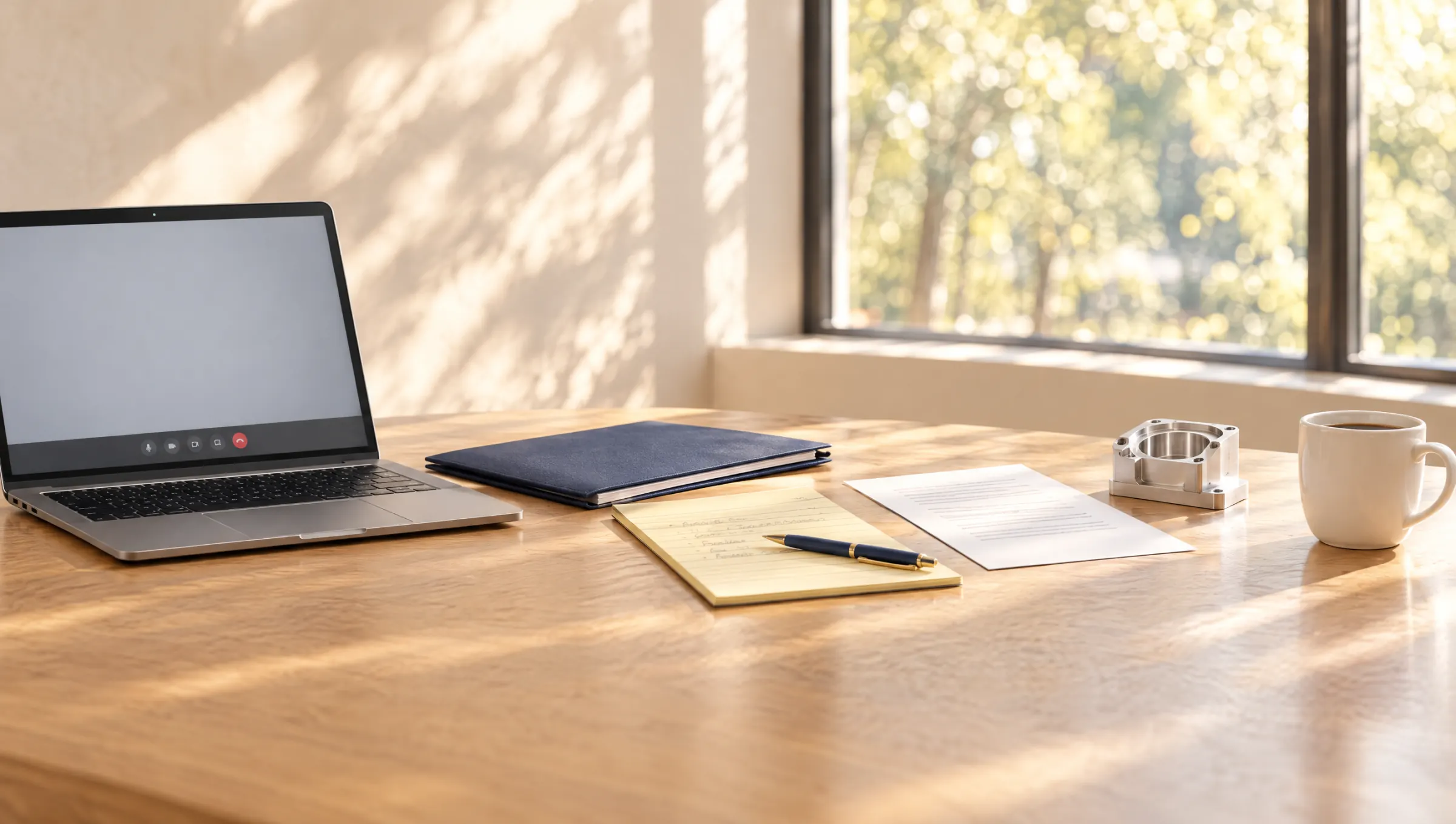 A laptop open to an empty video call on a sunlit oak desk, beside a navy folder, a legal pad with a short handwritten list of names, a printed page and a small aluminum prototype