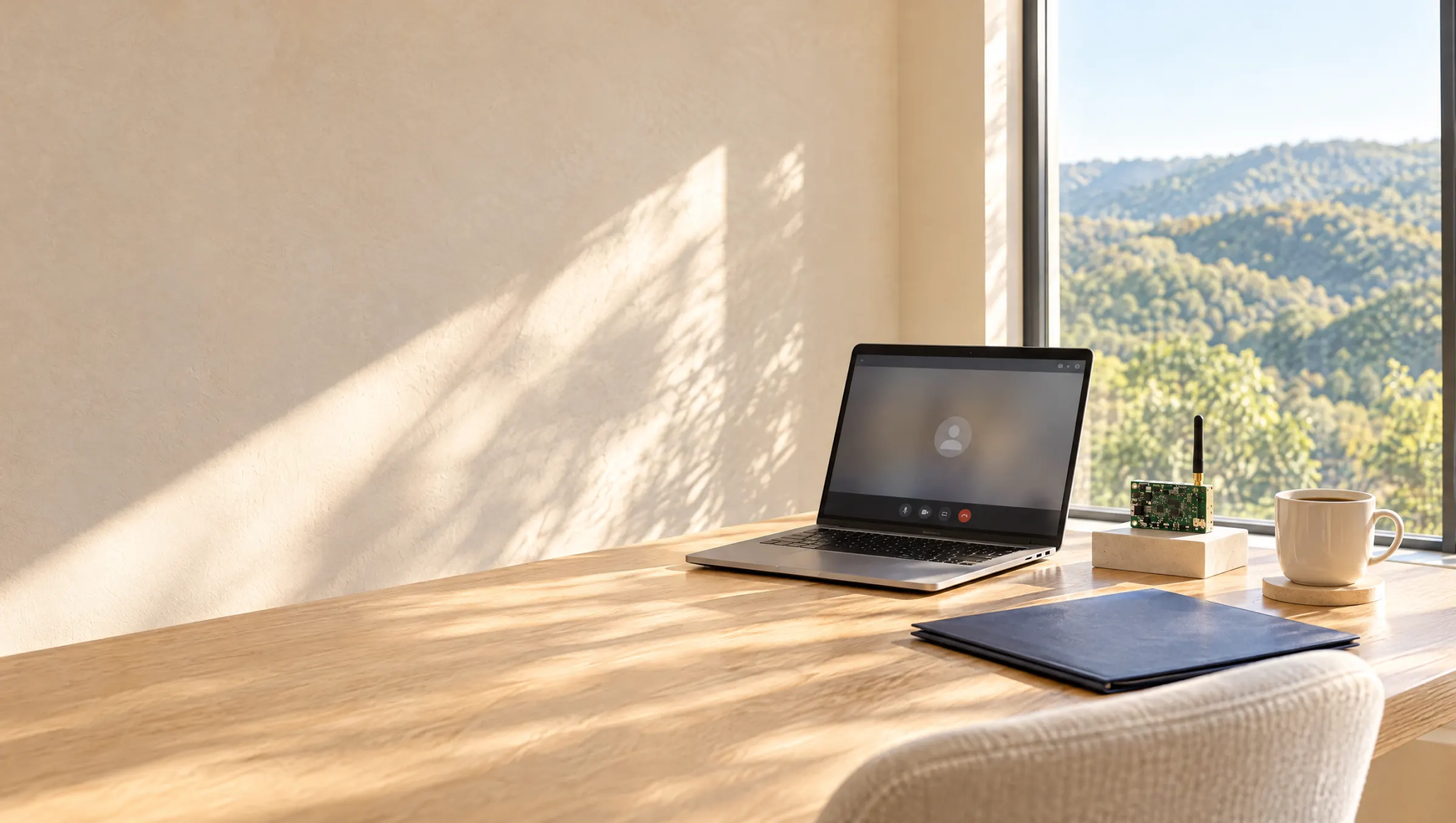 A sunlit desk set for a video call with a laptop, a small circuit board with an antenna, a navy folder and coffee, a green ridge outside the window