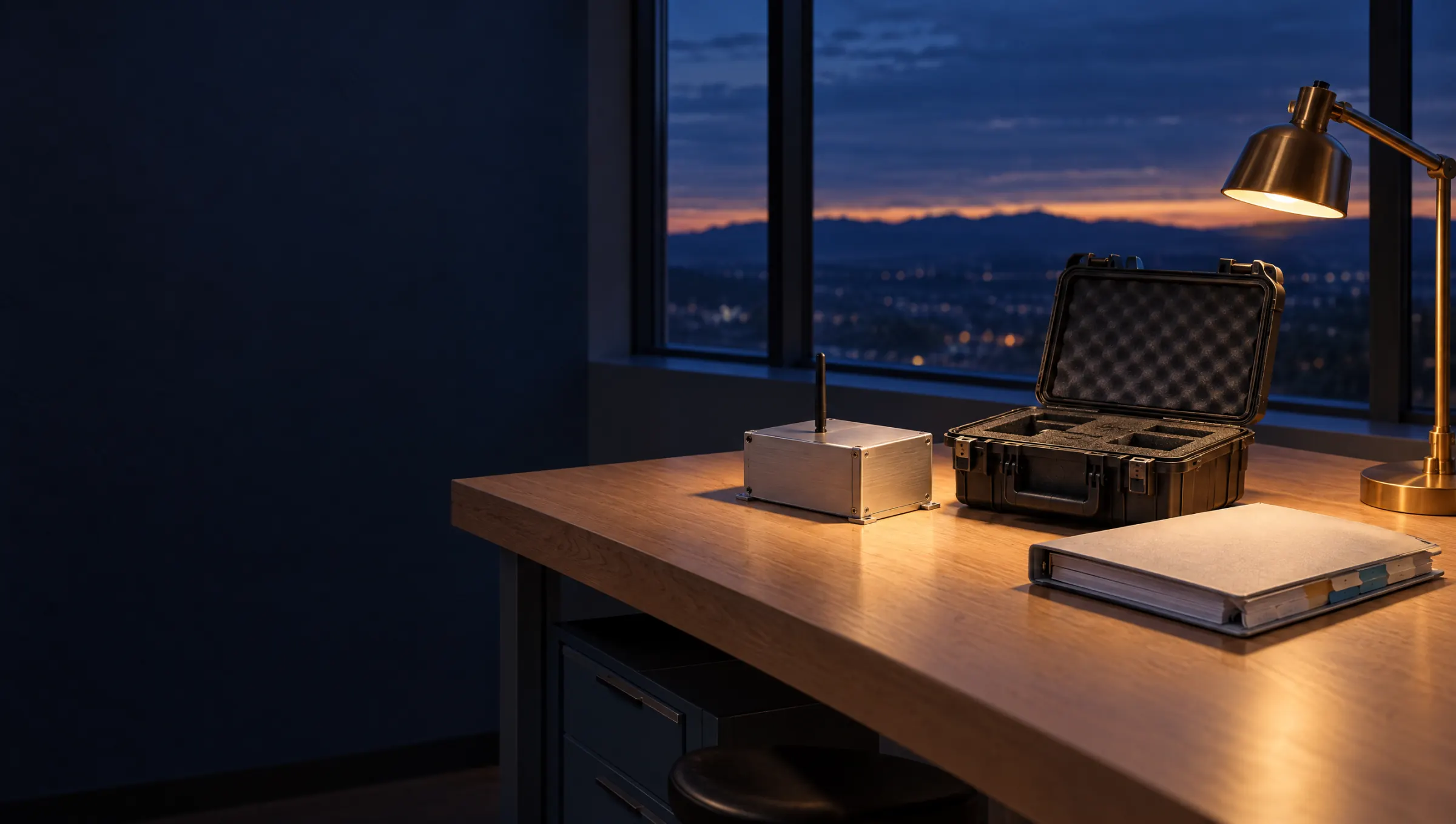 An engineering workbench at dusk with an unmarked sensor enclosure, an open equipment case and a closed agreement binder under a brass lamp