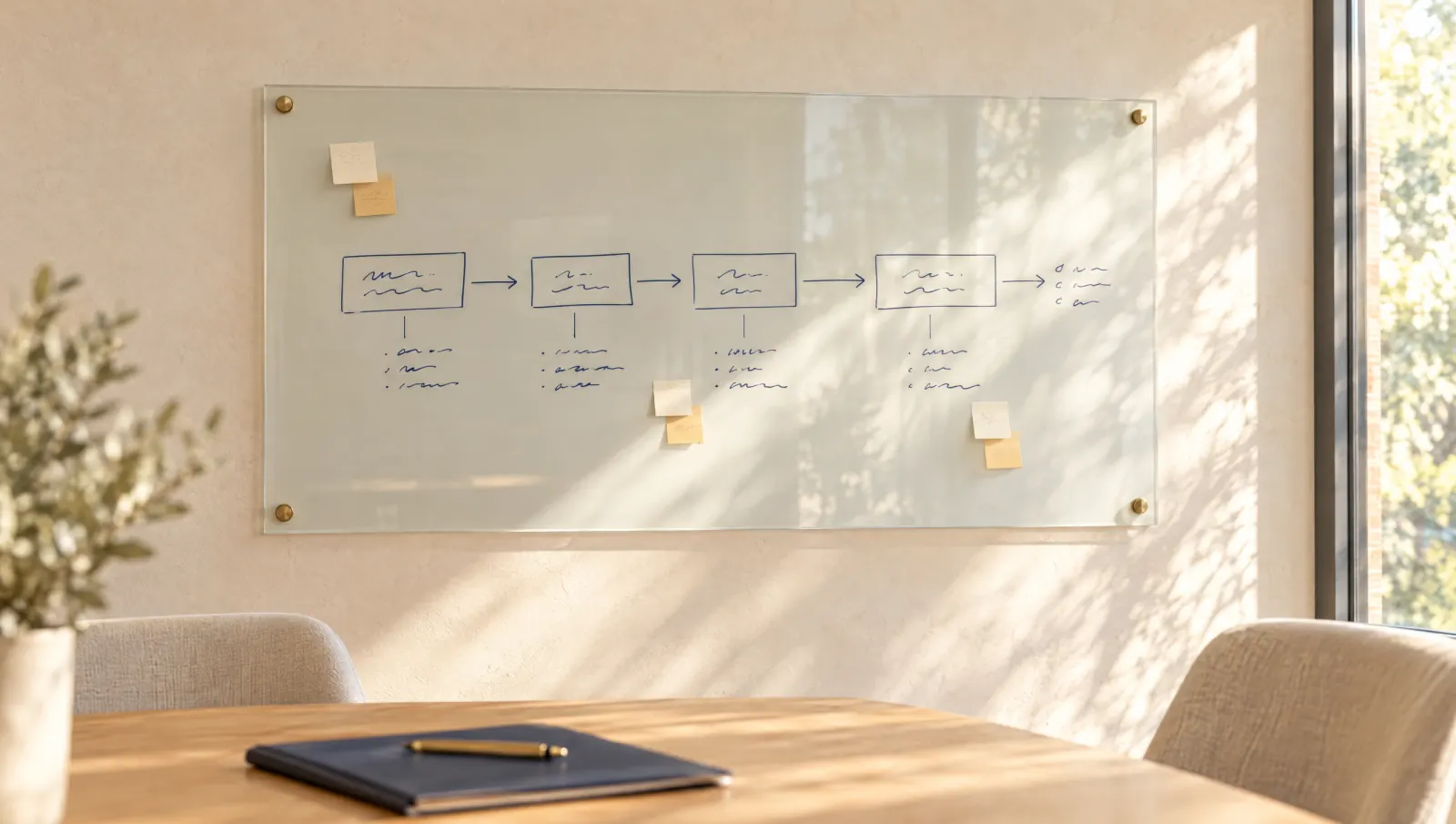 A hand-drawn timeline of boxes and arrows with sticky notes on a glass whiteboard in a sunlit meeting room