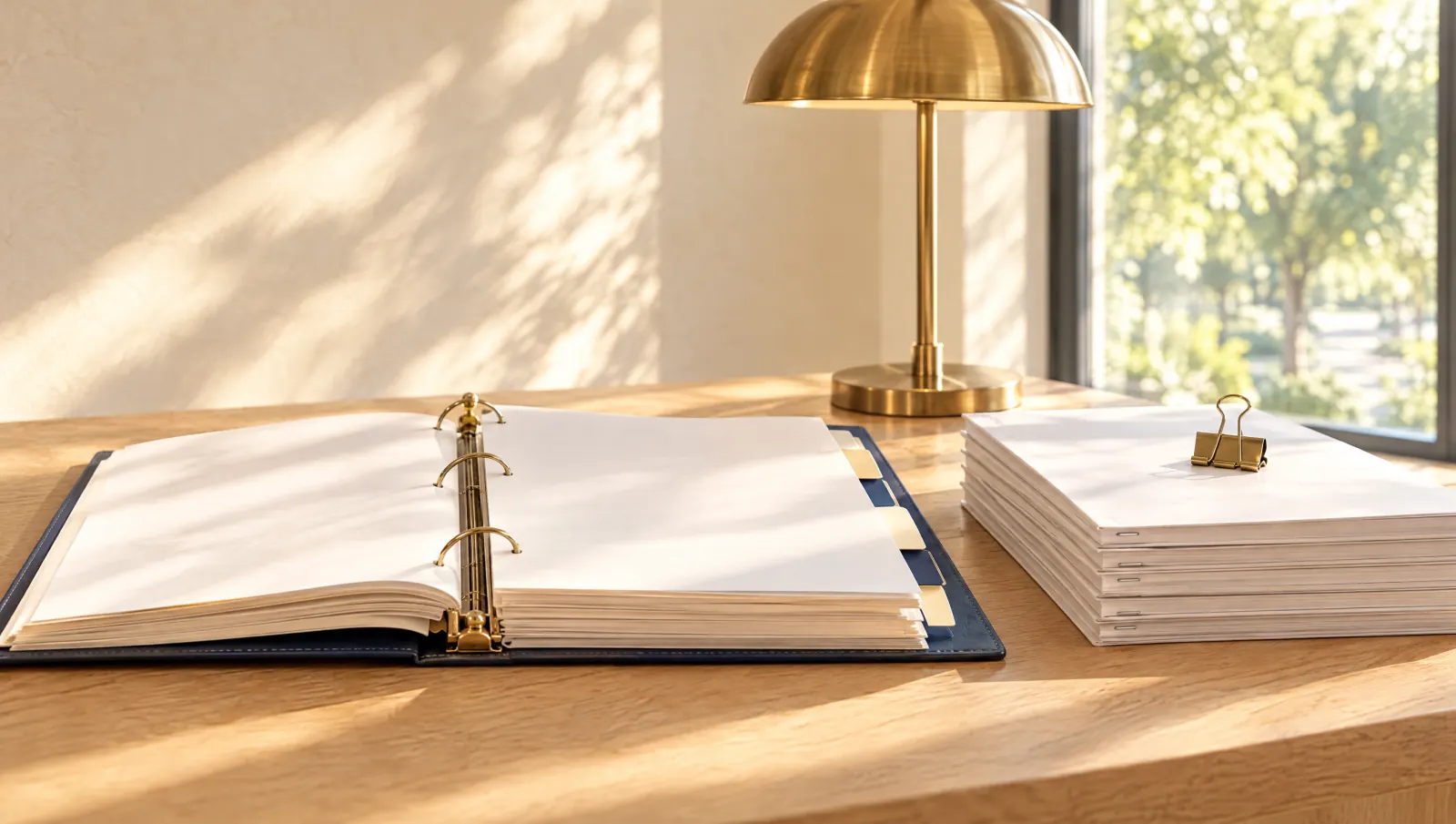An open binder with navy and cream divider tabs beside a stack of bound submission packets on a sunlit oak desk