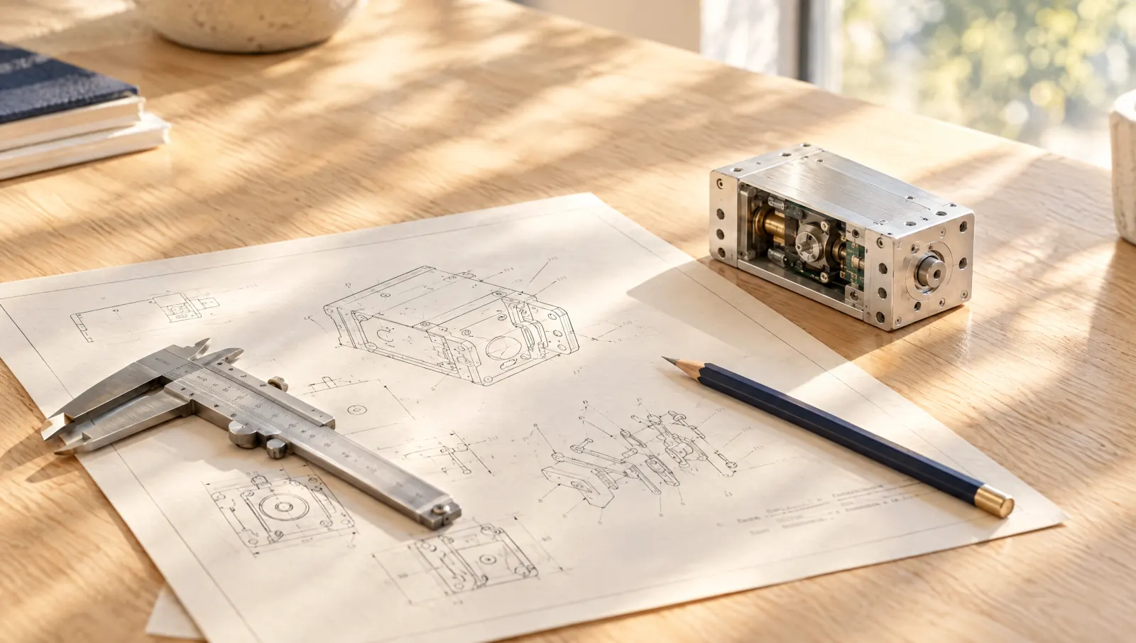 Patent-style line drawings of a small machined device with a caliper and pencil on the sheet, the aluminum device beside it on a sunlit workbench