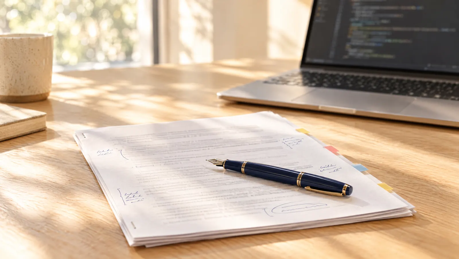 A printed software agreement marked up in navy ink with colored tabs, a fountain pen across it and a laptop showing code behind