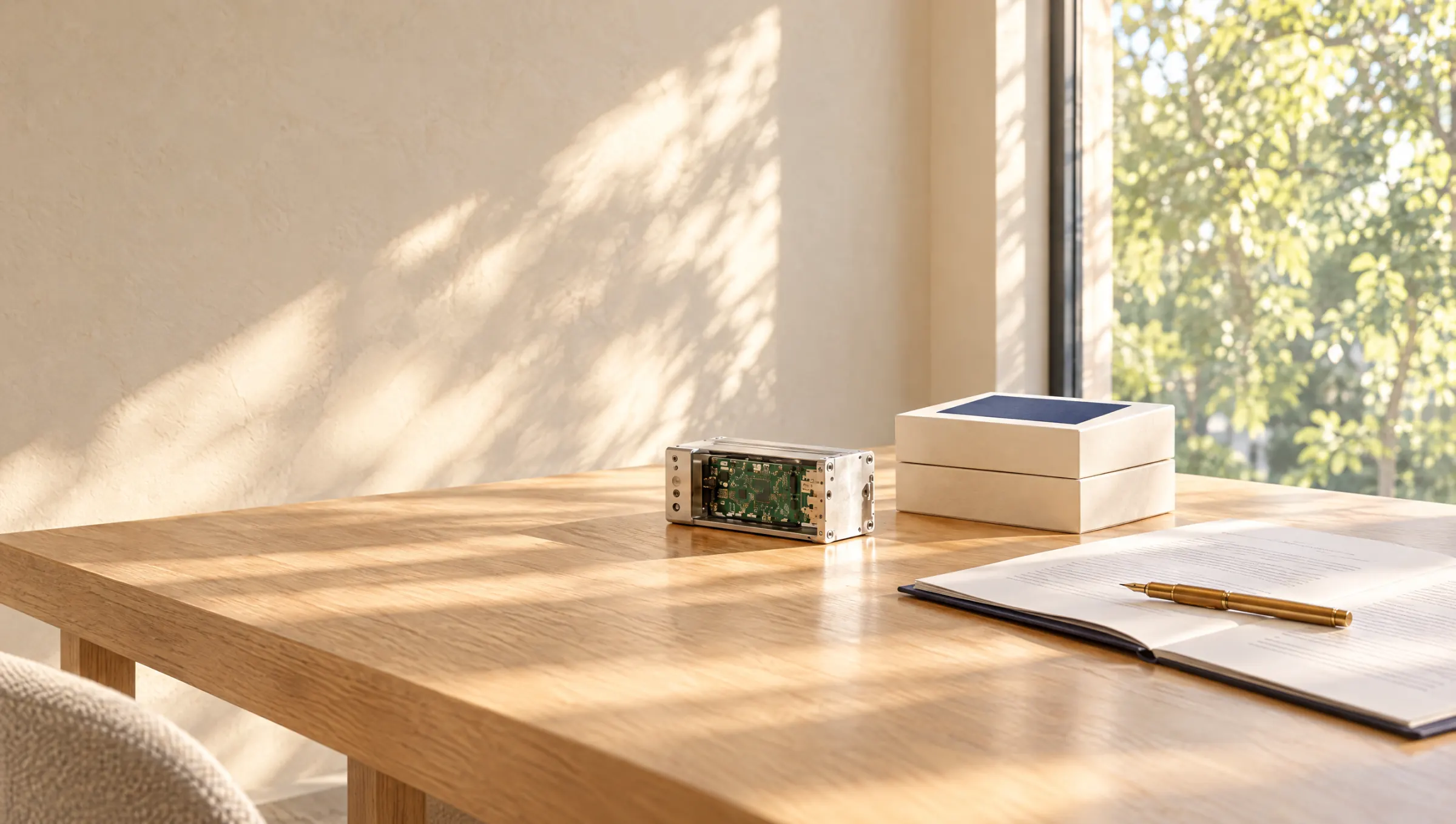 A sunlit oak table holding a hardware prototype, a boxed product with a blank navy label, and an open agreement with a brass pen
