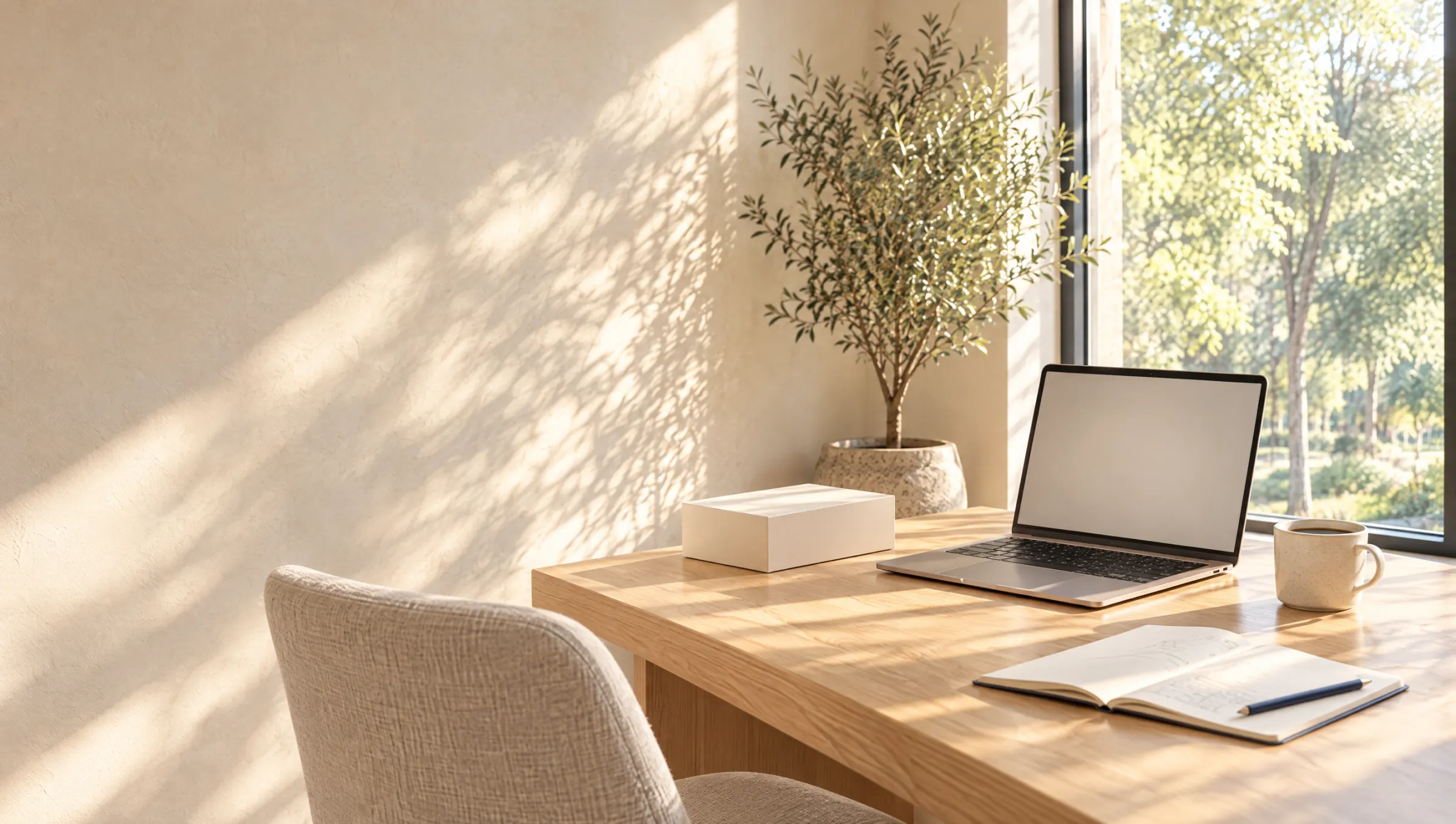 A sunlit desk ready for a video call, with an open laptop, a notebook, a coffee cup and a blank product box beside an empty chair