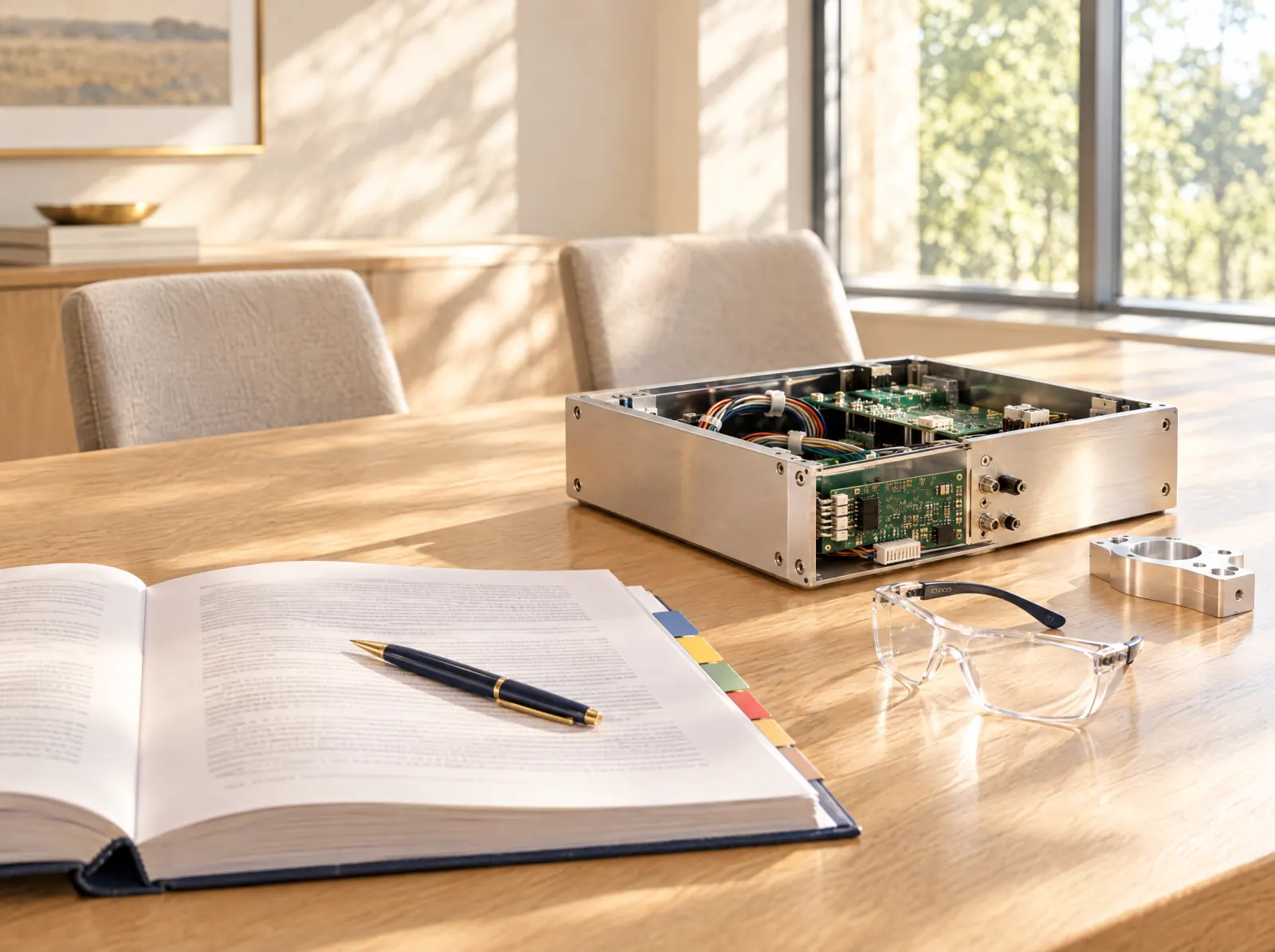 A thick tabbed contract and a navy pen beside an open aluminum electronics chassis and safety glasses on a sunlit oak table